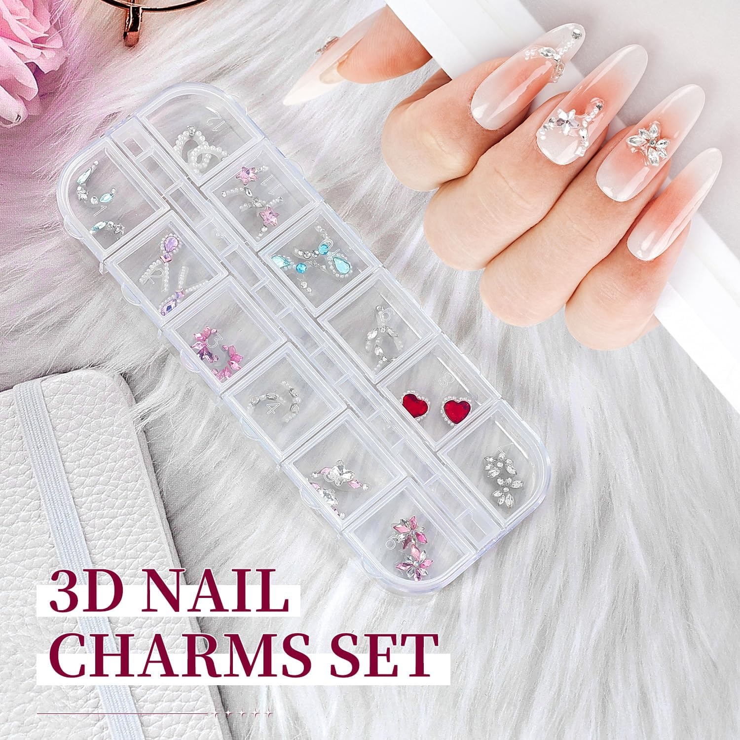 JODSONE Nail Charms,Nail Rhinestones Kit with 6 Boxes of Rhinestones,12 Nail Stickers in 2 Colors Multi Shape Pearls Jewels Crystals with Nails Art Tools(white-2) - view 2