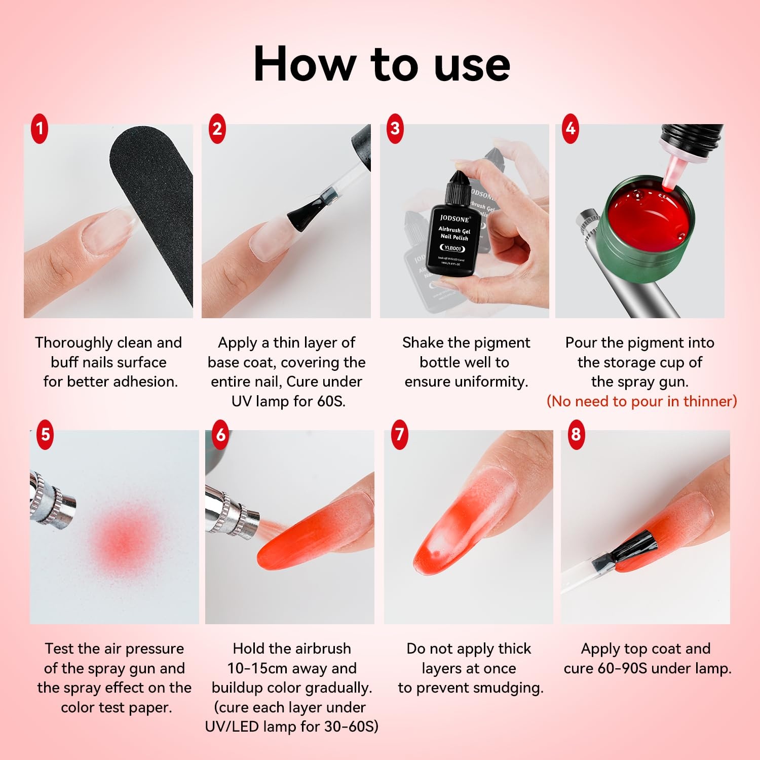 JODSONE 18ml Nude Airbrush Gel Nail Polish Fine Mist Nail No Dilution for Airbrush Nails Art Painting French Ombre Nail Art Designs(YLB003-Red) - view 7