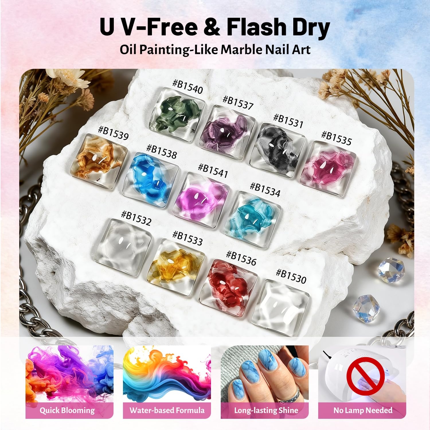 JODSONE Marble Nail Polish, Blooming Marble Ink Gel for Nails 12 Colors Blue Purple Pink Ink Magic Watercolor Blooming Marble Effects Gel Nail Polish at Home DIY Nail Art Flower Design - view 7