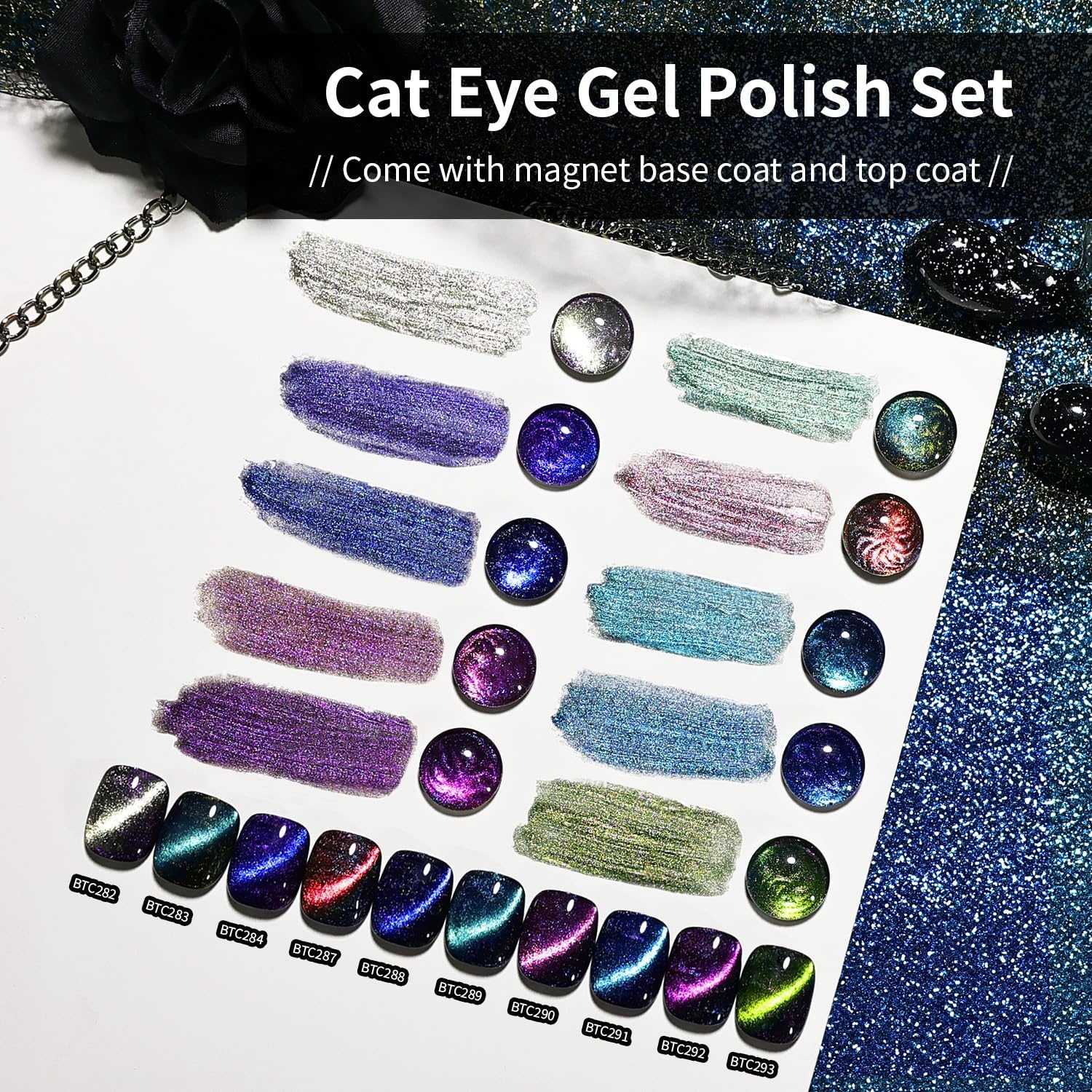 JODSONE 10 Colors Gel Nail Polish Set with Base Coat and Top Coat Magnetic Stick Aurora Crystals Cat Eye Perfect Holiday Gifts for Manicure and Lovers(10Color-CE-11)