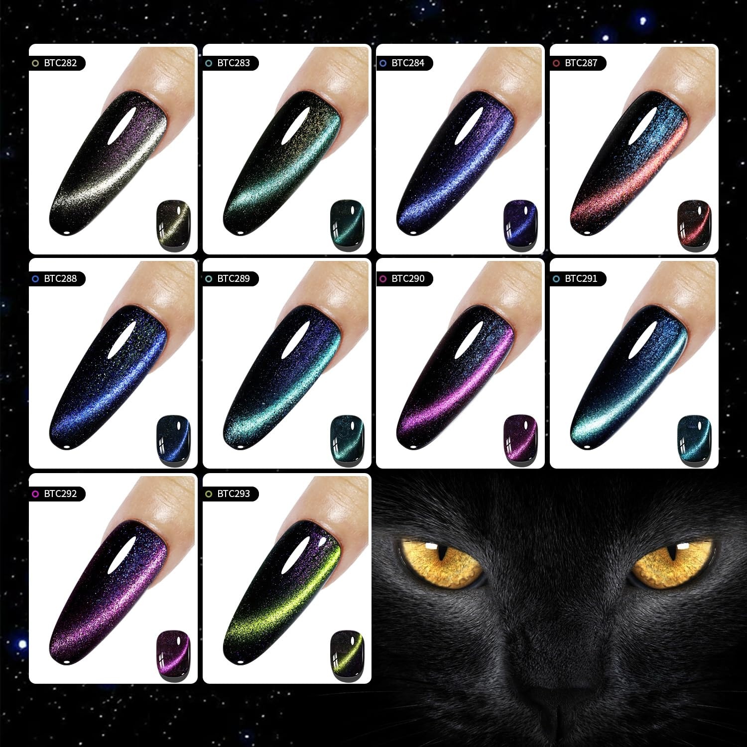 JODSONE 10 Colors Gel Nail Polish Set with Base Coat and Top Coat Magnetic Stick Aurora Crystals Cat Eye Perfect Holiday Gifts for Manicure and Lovers(10Color-CE-11) - view 2