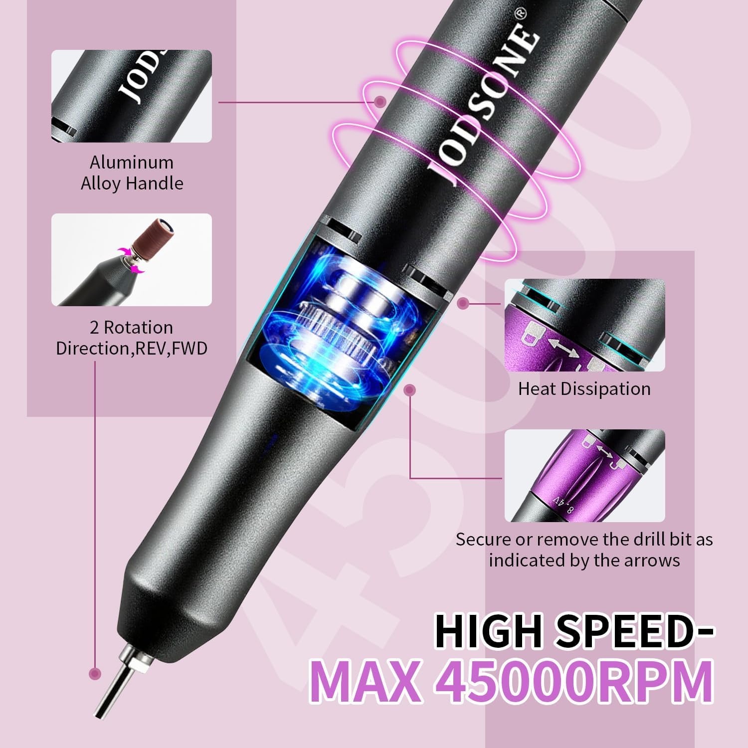 JODSONE Professional Nail Drill 45000 RPM Rechargeable Nail File for Nail Gel Removal Low Noise Portable for Home and Salon - view 3