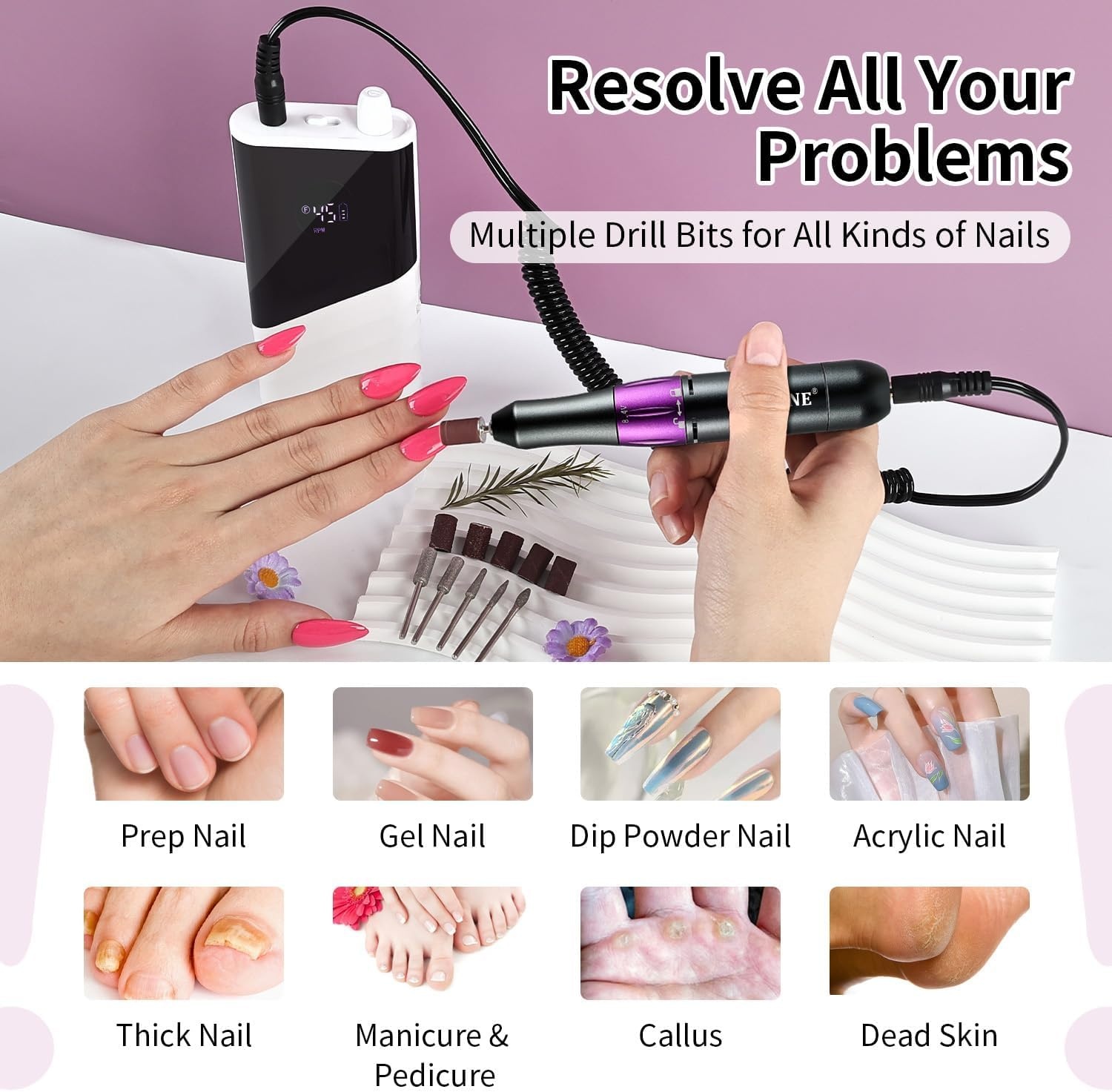 JODSONE Professional Nail Drill 45000 RPM Rechargeable Nail File for Nail Gel Removal Low Noise Portable for Home and Salon - view 4