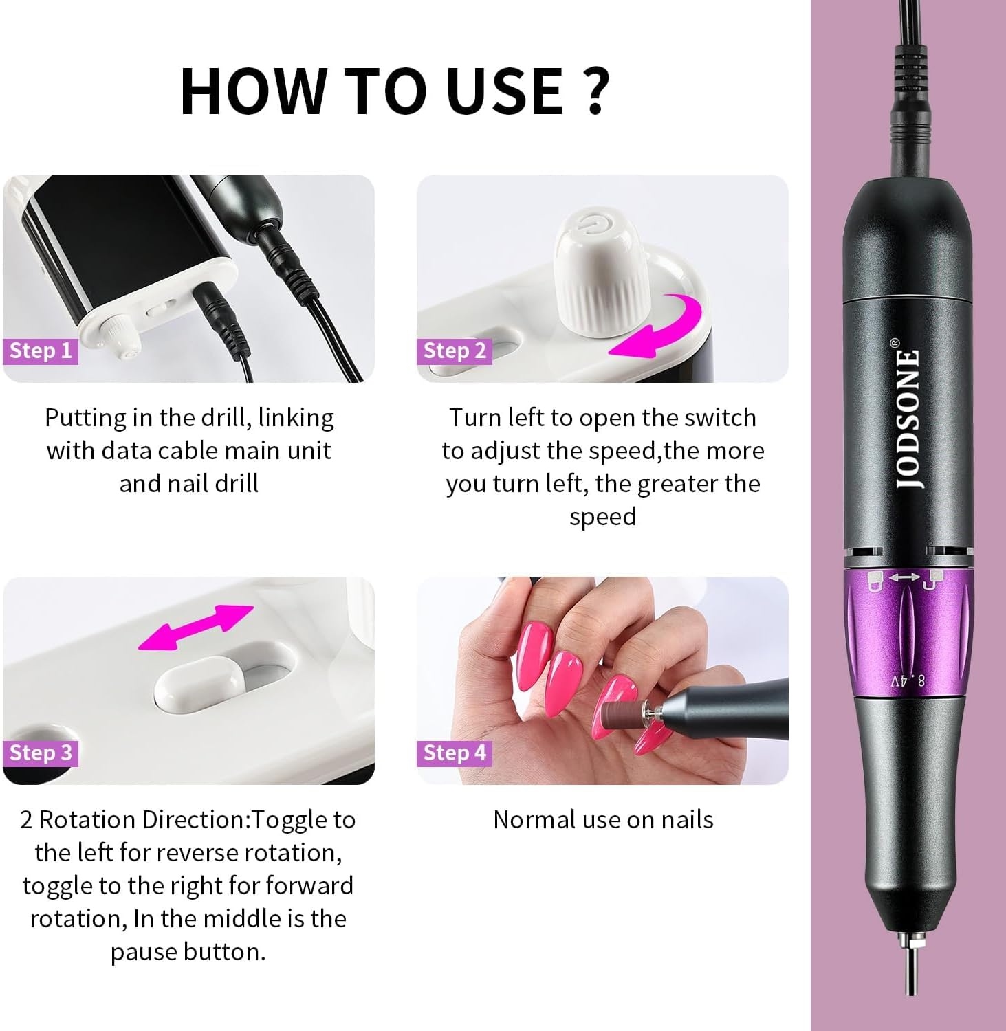 JODSONE Professional Nail Drill 45000 RPM Rechargeable Nail File for Nail Gel Removal Low Noise Portable for Home and Salon - view 7