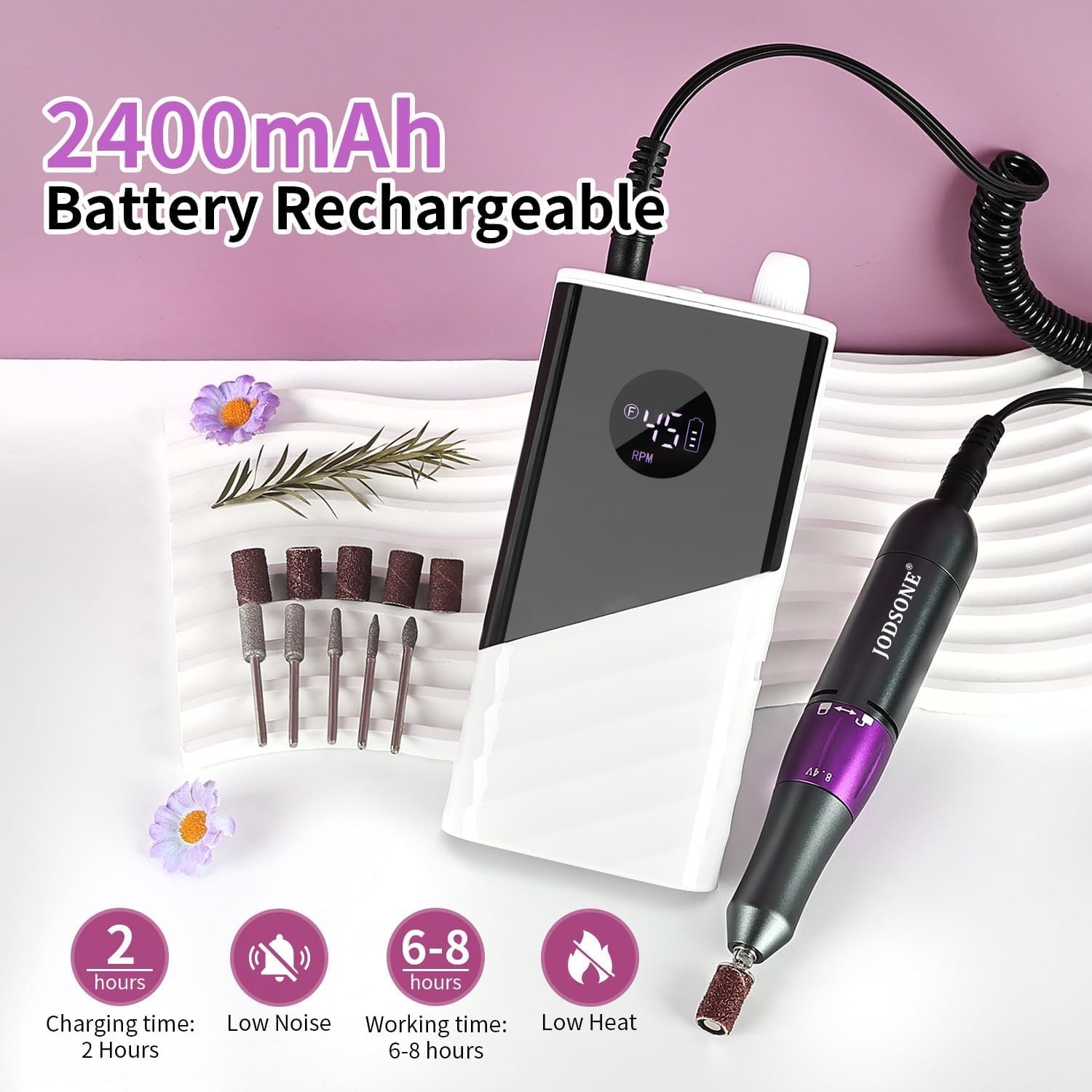 JODSONE Professional Nail Drill 45000 RPM Rechargeable Nail File for Nail Gel Removal Low Noise Portable for Home and Salon - view 8