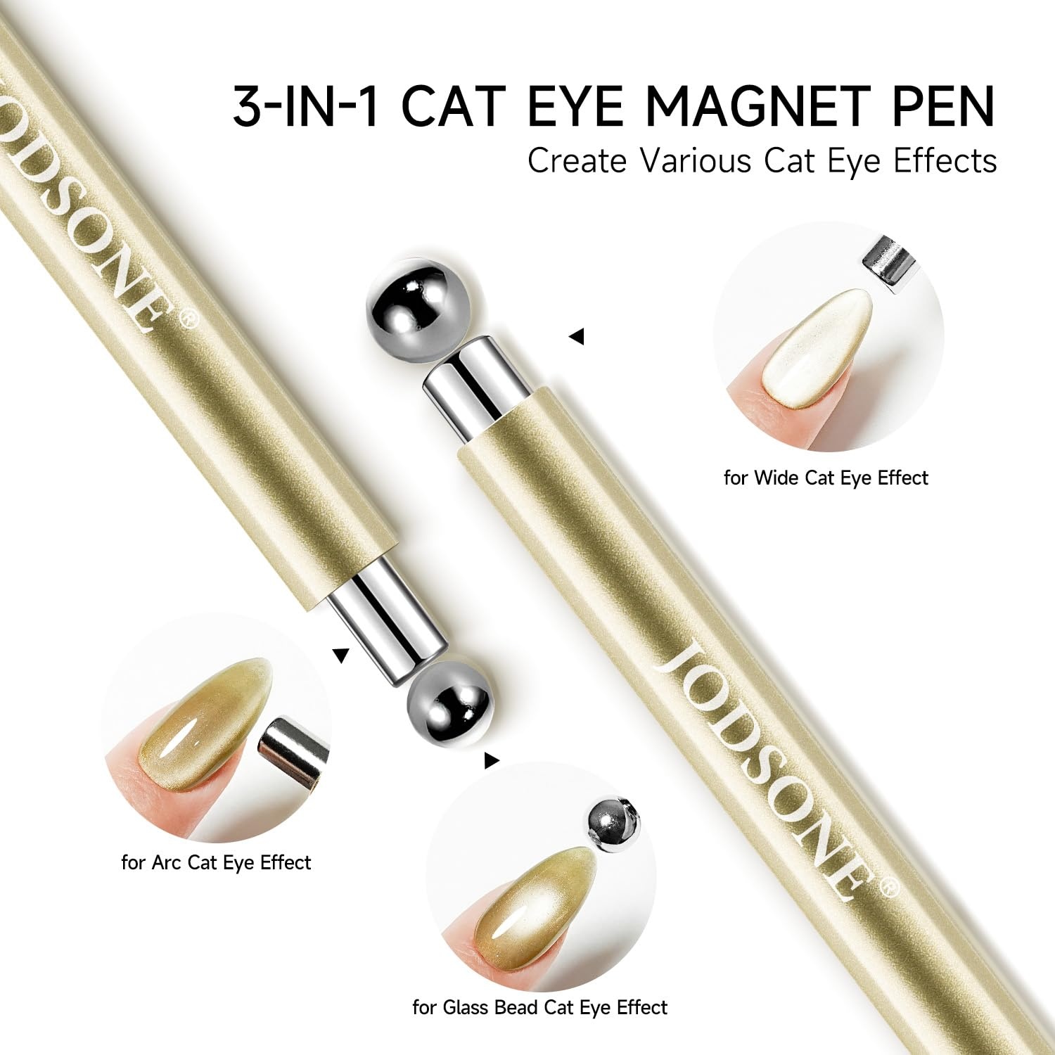 JODSONE 3-in-1 Cat Eye Magnet Nail Art Tool,Pink Gold Cylindrical & Round Ball Nail Magnet Pens, Multi-Effect Magnets for Cat Eye Gel Polish DIY at Home Salon(Magnet Only, No Gel Included)(Gold) - view 2