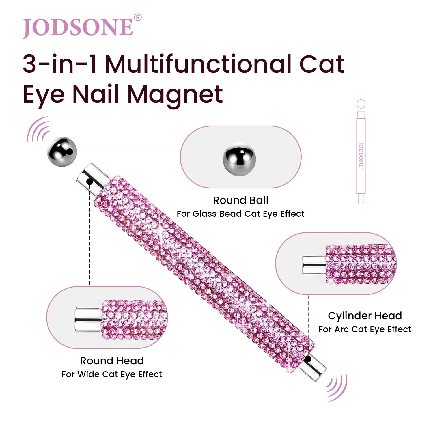 JODSONE 3-in-1 Cat Eye Magnet Nail Art Tool,Pink Gold Cylindrical & Round Ball Nail Magnet Pens, Multi-Effect Magnets for Cat Eye Gel Polish DIY at Home Salon(Magnet Only, No Gel Included)(Rhinestone)
