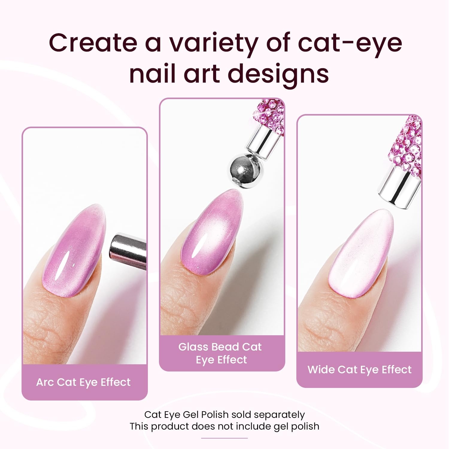 JODSONE 3-in-1 Cat Eye Magnet Nail Art Tool,Pink Gold Cylindrical & Round Ball Nail Magnet Pens, Multi-Effect Magnets for Cat Eye Gel Polish DIY at Home Salon(Magnet Only, No Gel Included)(Rhinestone) - view 2