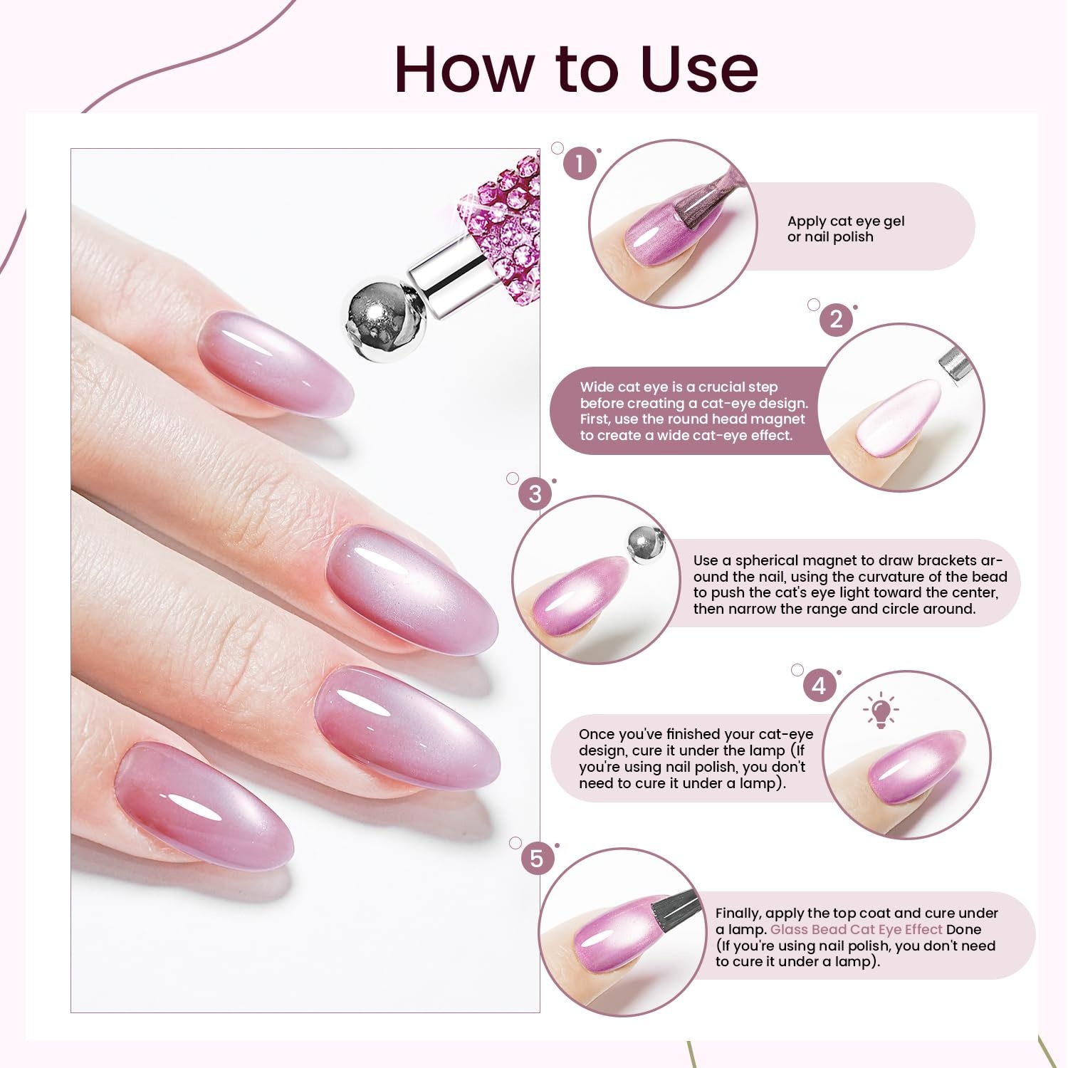 JODSONE 3-in-1 Cat Eye Magnet Nail Art Tool,Pink Gold Cylindrical & Round Ball Nail Magnet Pens, Multi-Effect Magnets for Cat Eye Gel Polish DIY at Home Salon(Magnet Only, No Gel Included)(Rhinestone) - view 3