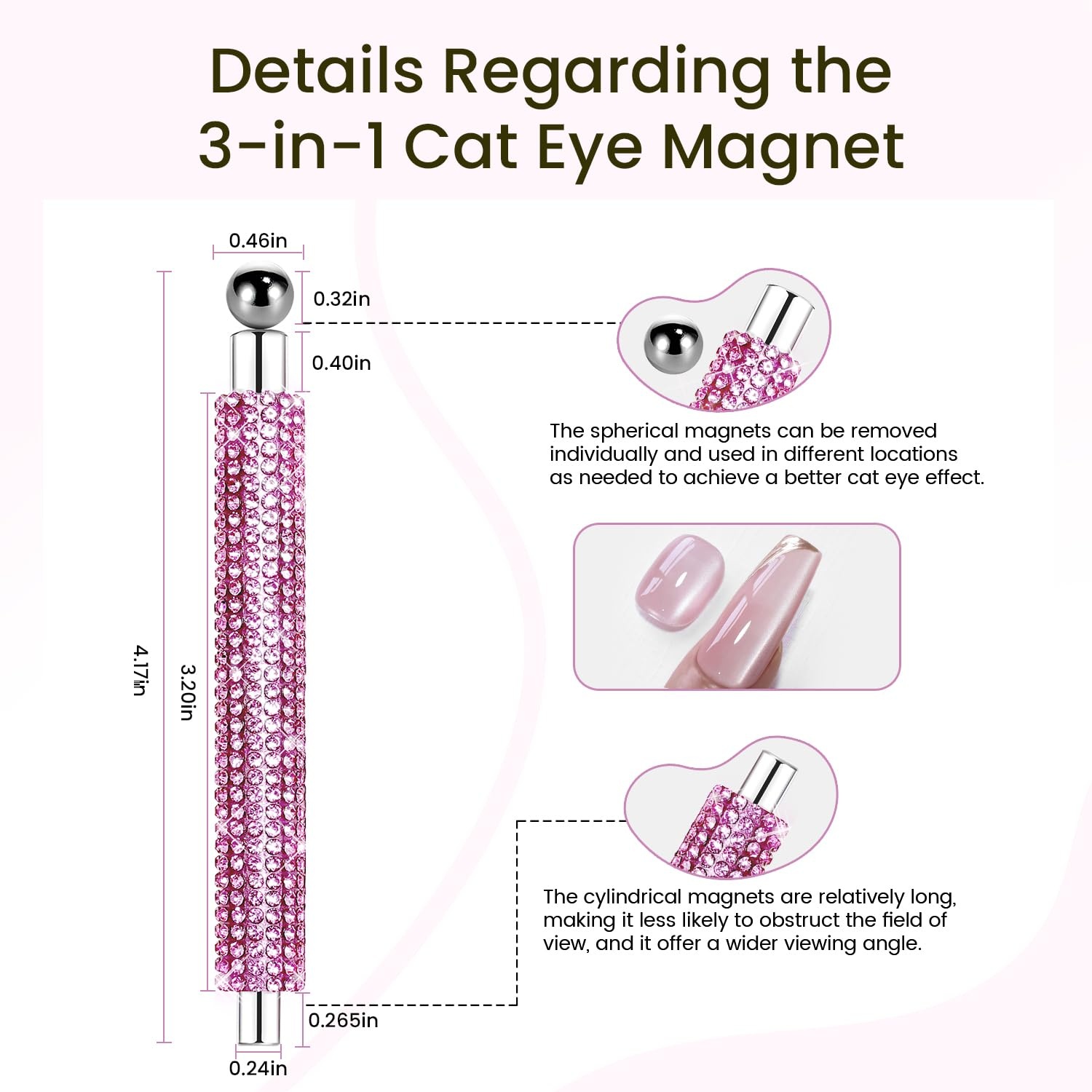 JODSONE 3-in-1 Cat Eye Magnet Nail Art Tool,Pink Gold Cylindrical & Round Ball Nail Magnet Pens, Multi-Effect Magnets for Cat Eye Gel Polish DIY at Home Salon(Magnet Only, No Gel Included)(Rhinestone) - view 4