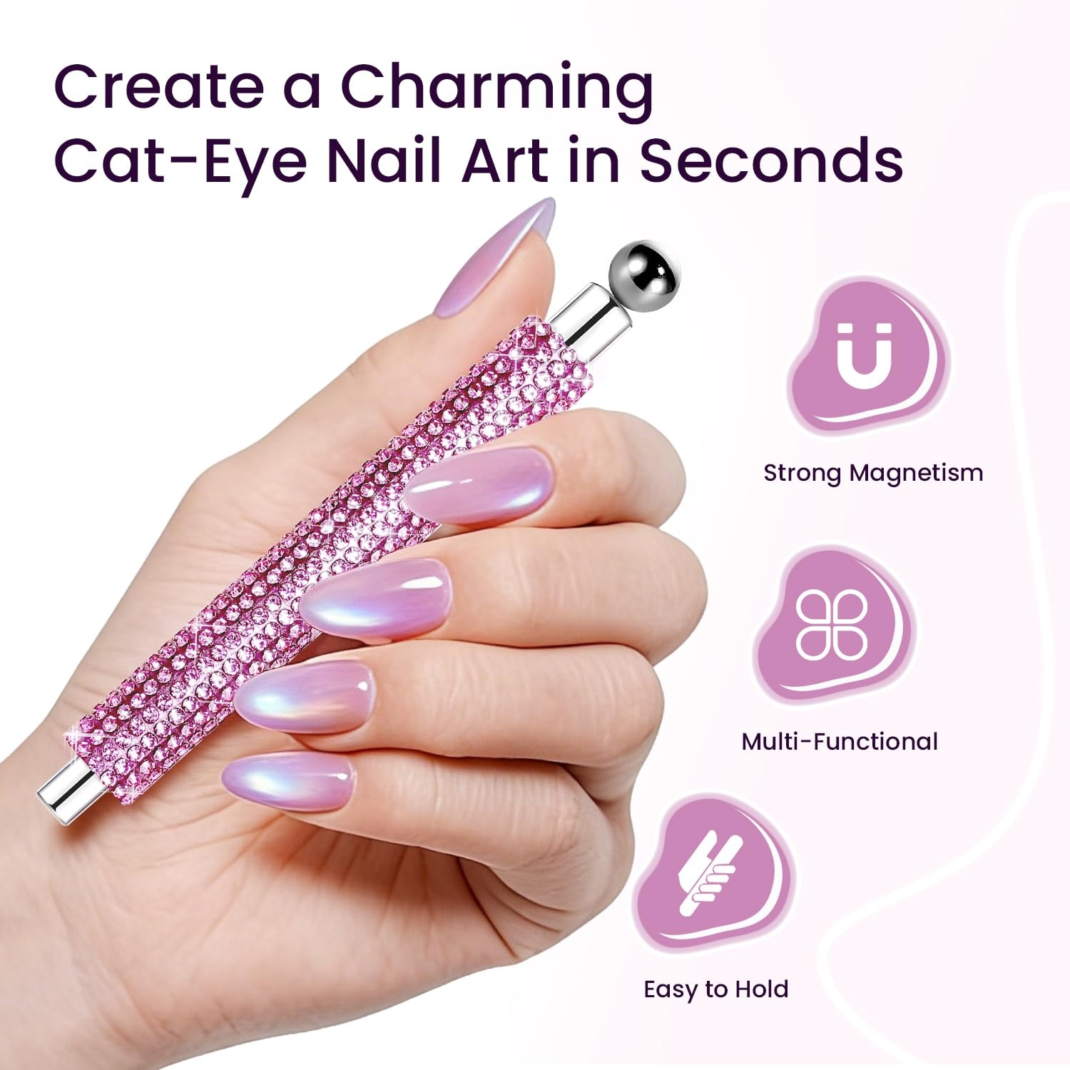 JODSONE 3-in-1 Cat Eye Magnet Nail Art Tool,Pink Gold Cylindrical & Round Ball Nail Magnet Pens, Multi-Effect Magnets for Cat Eye Gel Polish DIY at Home Salon(Magnet Only, No Gel Included)(Rhinestone) - view 5