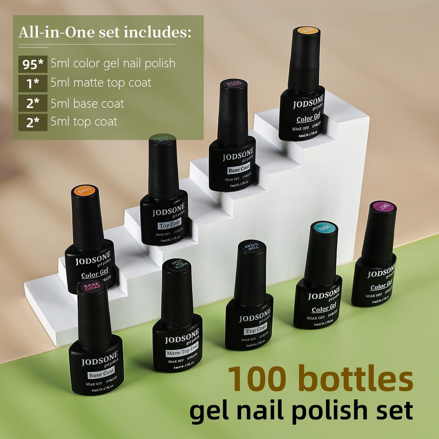 JODSONE 100 PCS Gel Nail Polish Kit No Wipe Soak off Base Coat and Matte Glossy Top Coat Gel Polish Collections for Salon and Home DIY Use(0 Fl Oz (Pack of 100))