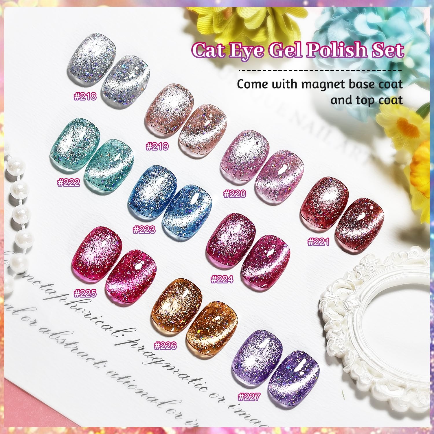 JODSONE 10 Colors Gel Nail Polish Set with Base Coat and Top Coat Magnetic Stick Aurora Crystals Cat Eye Perfect Holiday Gifts for Manicure and Lovers(10Color-CE-7)