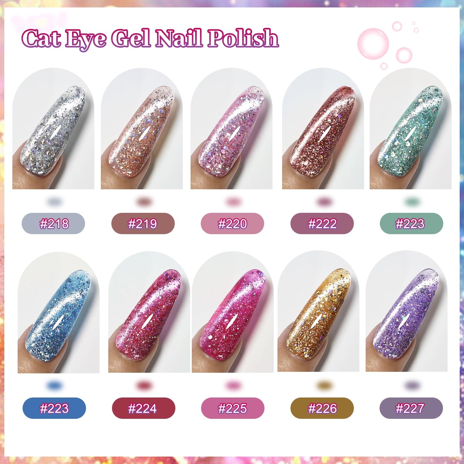 JODSONE 10 Colors Gel Nail Polish Set with Base Coat and Top Coat Magnetic Stick Aurora Crystals Cat Eye Perfect Holiday Gifts for Manicure and Lovers(10Color-CE-7) - view 2