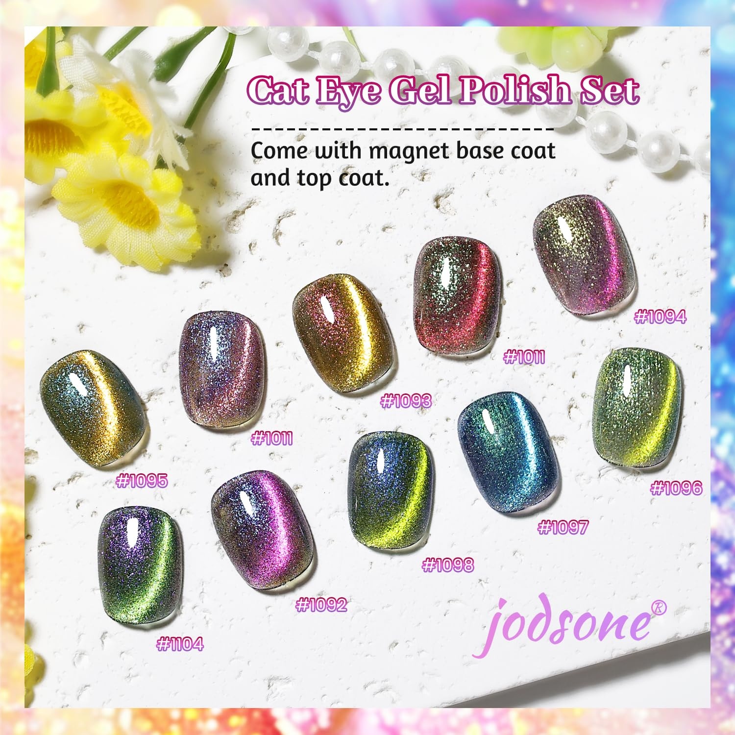 JODSONE 10 Colors Gel Nail Polish Set with Base Coat and Top Coat Magnetic Stick Aurora Crystals Cat Eye Perfect Holiday Gifts for Manicure and Lovers(10Colors-CE-5)