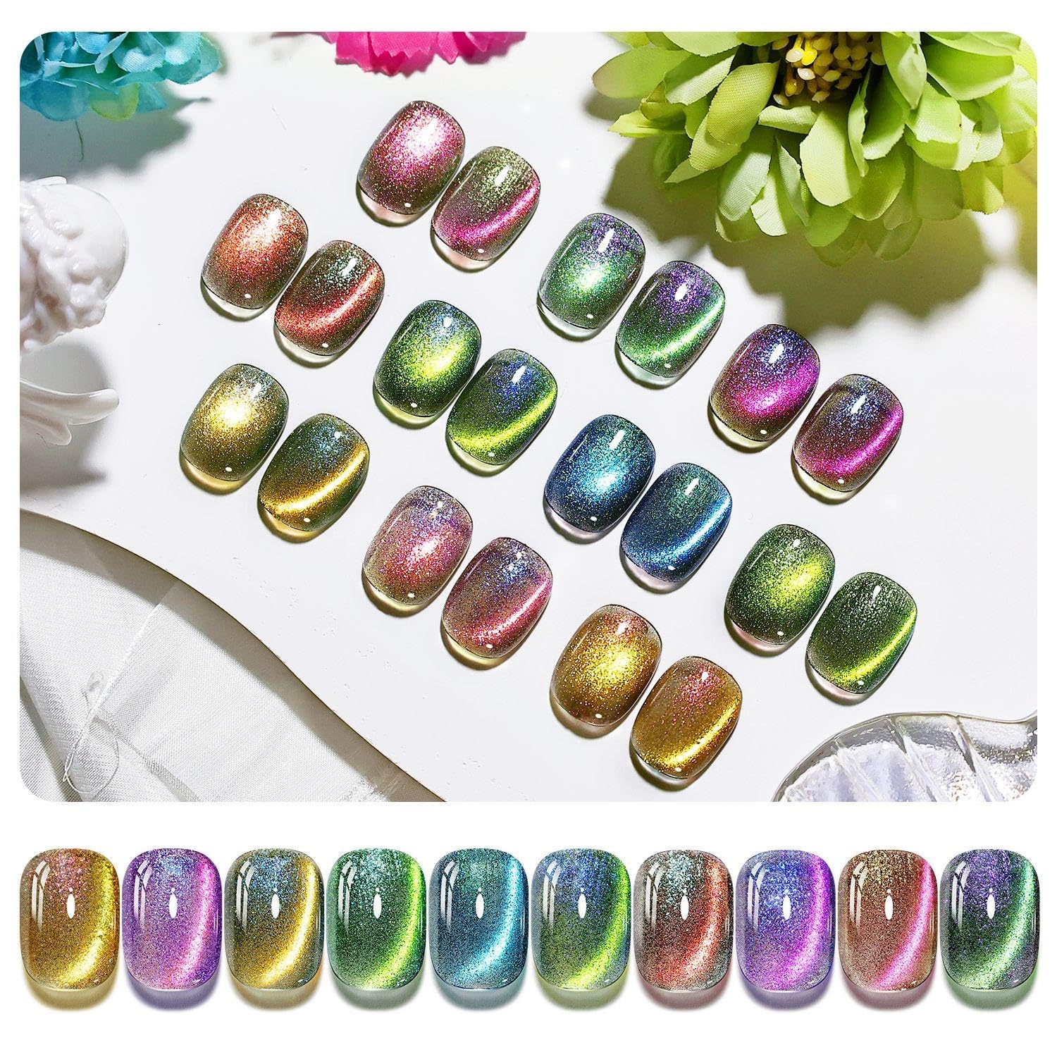 JODSONE 10 Colors Gel Nail Polish Set with Base Coat and Top Coat Magnetic Stick Aurora Crystals Cat Eye Perfect Holiday Gifts for Manicure and Lovers(10Colors-CE-5) - view 2