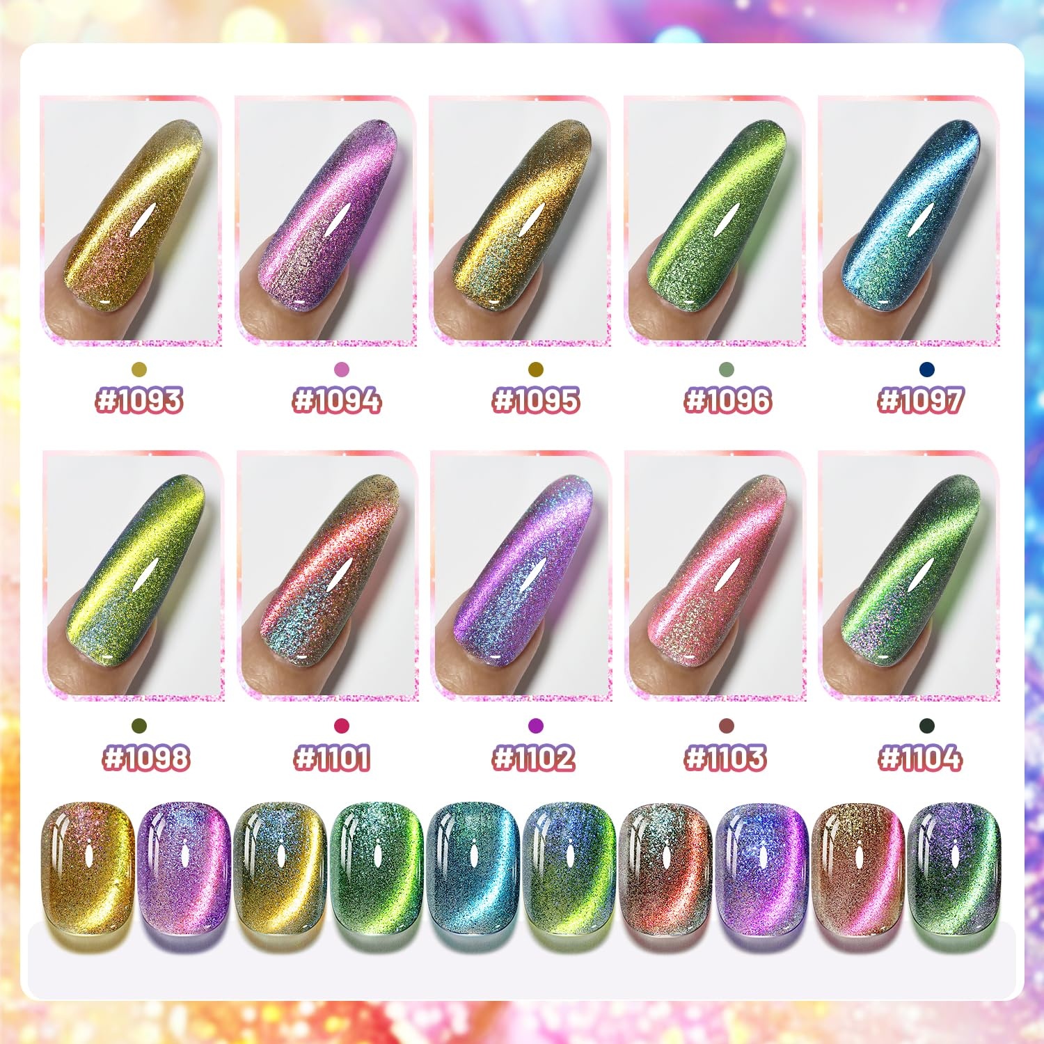 JODSONE 10 Colors Gel Nail Polish Set with Base Coat and Top Coat Magnetic Stick Aurora Crystals Cat Eye Perfect Holiday Gifts for Manicure and Lovers(10Colors-CE-5) - view 3