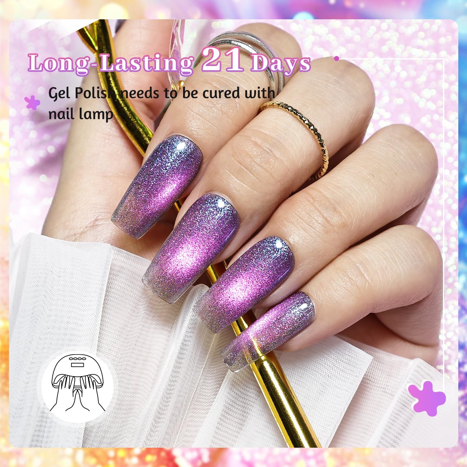JODSONE 10 Colors Gel Nail Polish Set with Base Coat and Top Coat Magnetic Stick Aurora Crystals Cat Eye Perfect Holiday Gifts for Manicure and Lovers(10Colors-CE-5) - view 6