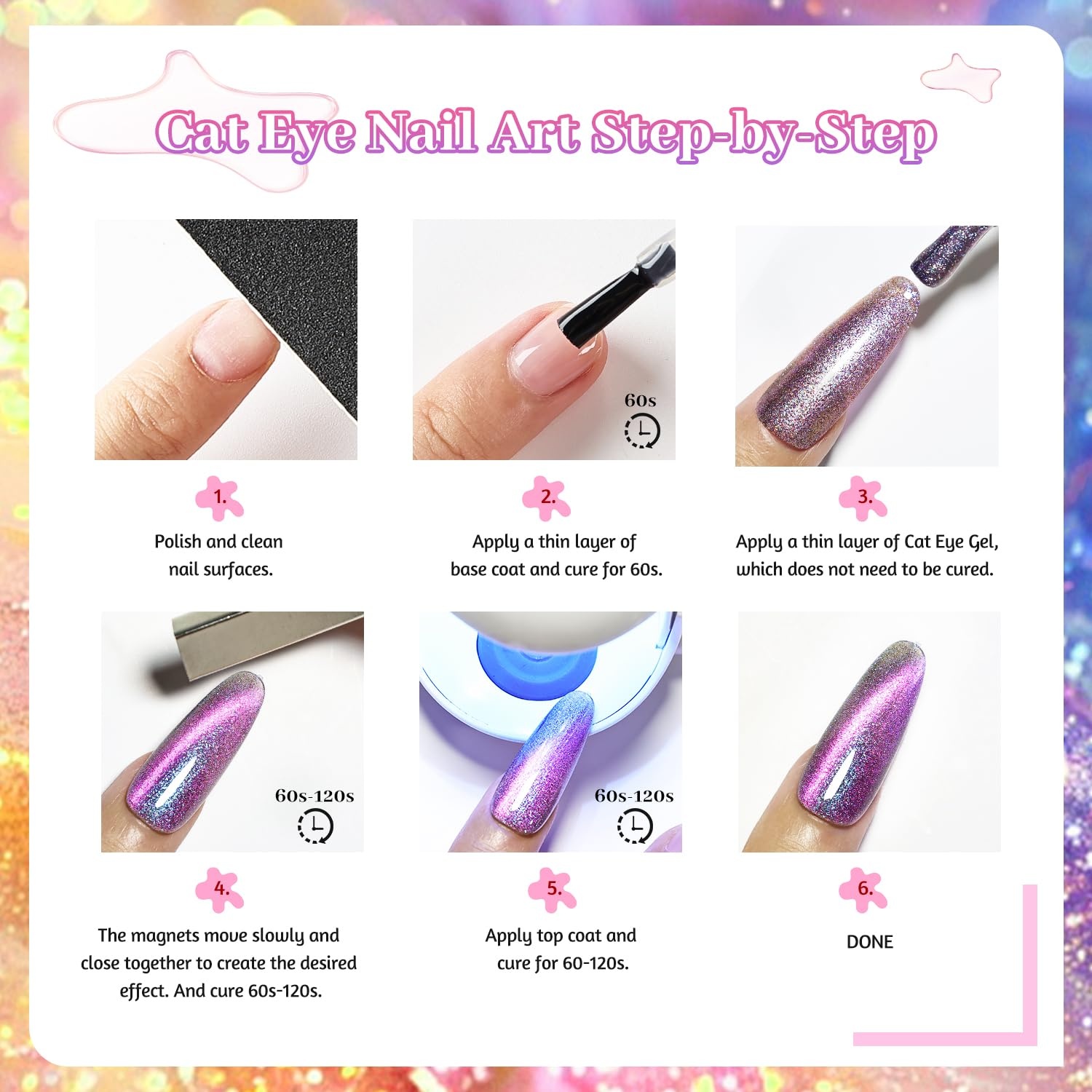 JODSONE 10 Colors Gel Nail Polish Set with Base Coat and Top Coat Magnetic Stick Aurora Crystals Cat Eye Perfect Holiday Gifts for Manicure and Lovers(10Colors-CE-5) - view 7