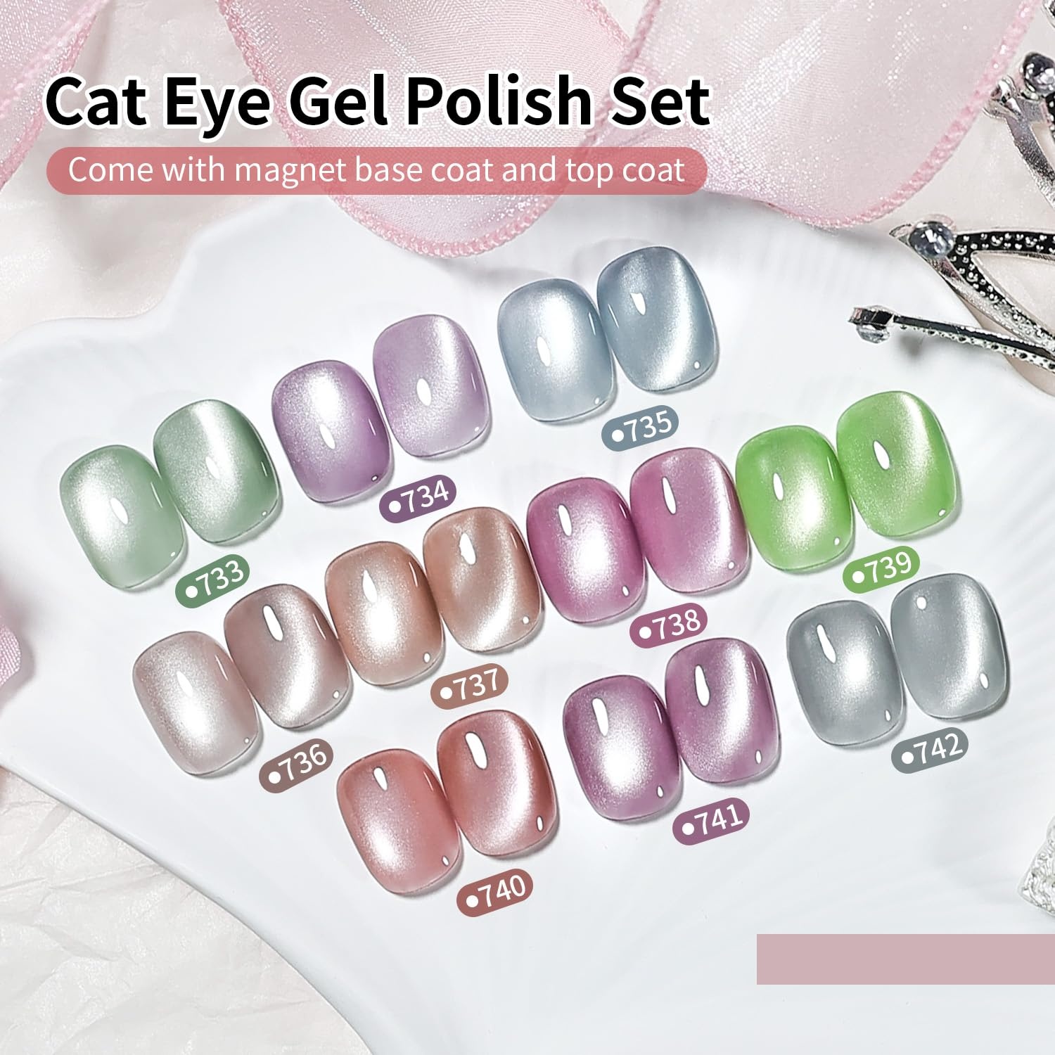 JODSONE 10 Colors Gel Nail Polish Set with Base Coat and Top Coat Magnetic Stick Aurora Crystals Cat Eye Perfect Holiday Gifts for Manicure and Lovers(10Color-CE-15)