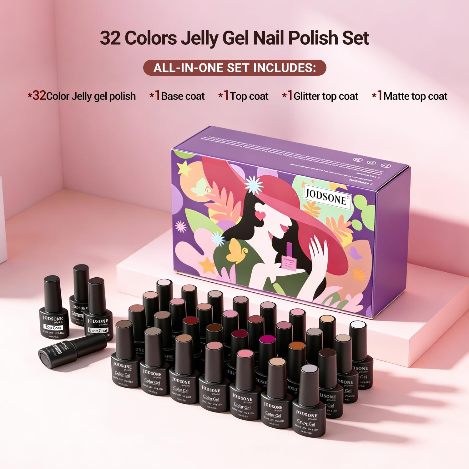 JODSONE 32 Colors Gel Nail Polish Kit with Base Coat Matte Glitter Top Coat Soak Off Manicure Tools Manicure Salon DIY at Home(B30) - view 2