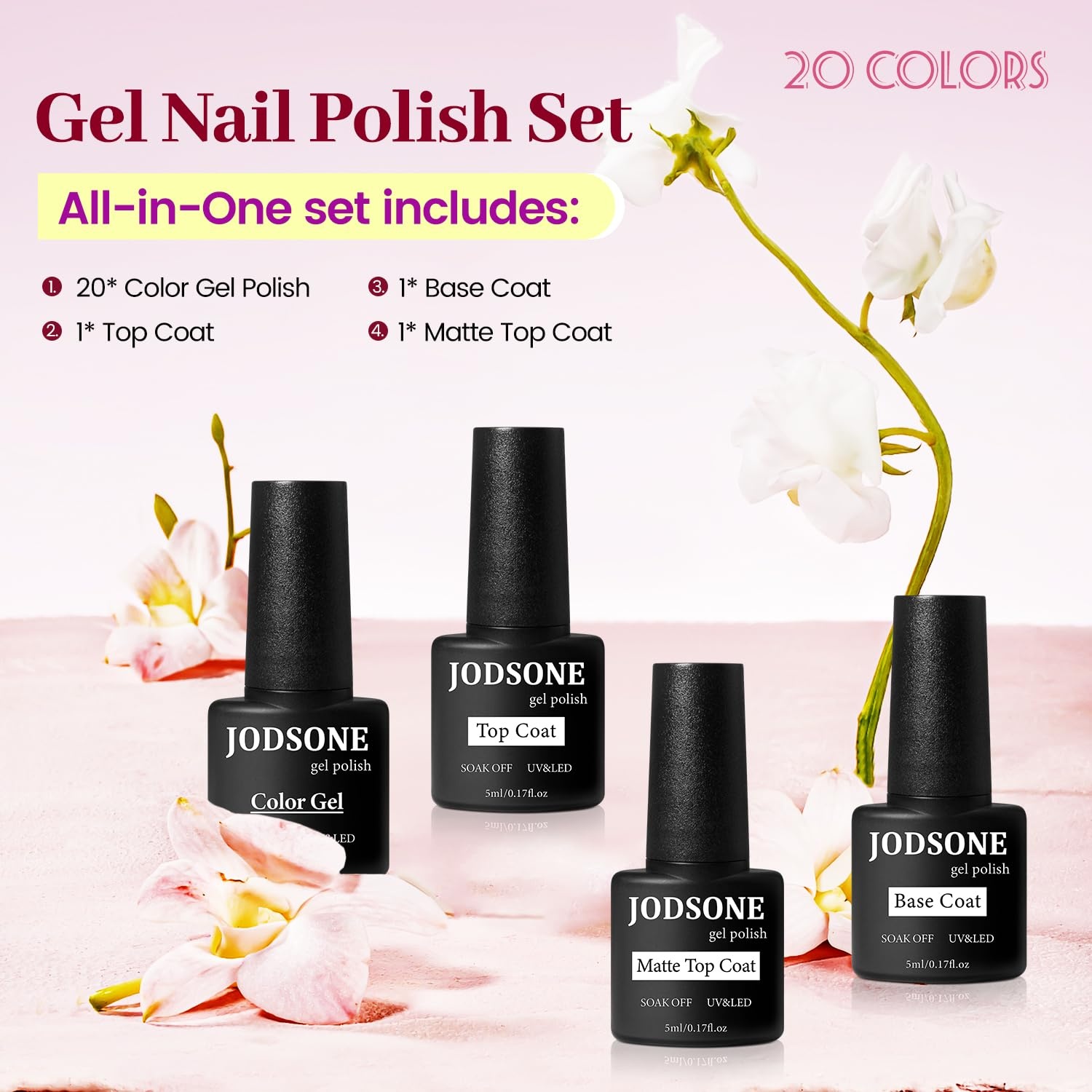 JODSONE 32 Colors Gel Nail Polish Kit with Base Coat Matte Glitter Top Coat Soak Off Manicure Tools Manicure Salon DIY at Home(B26)