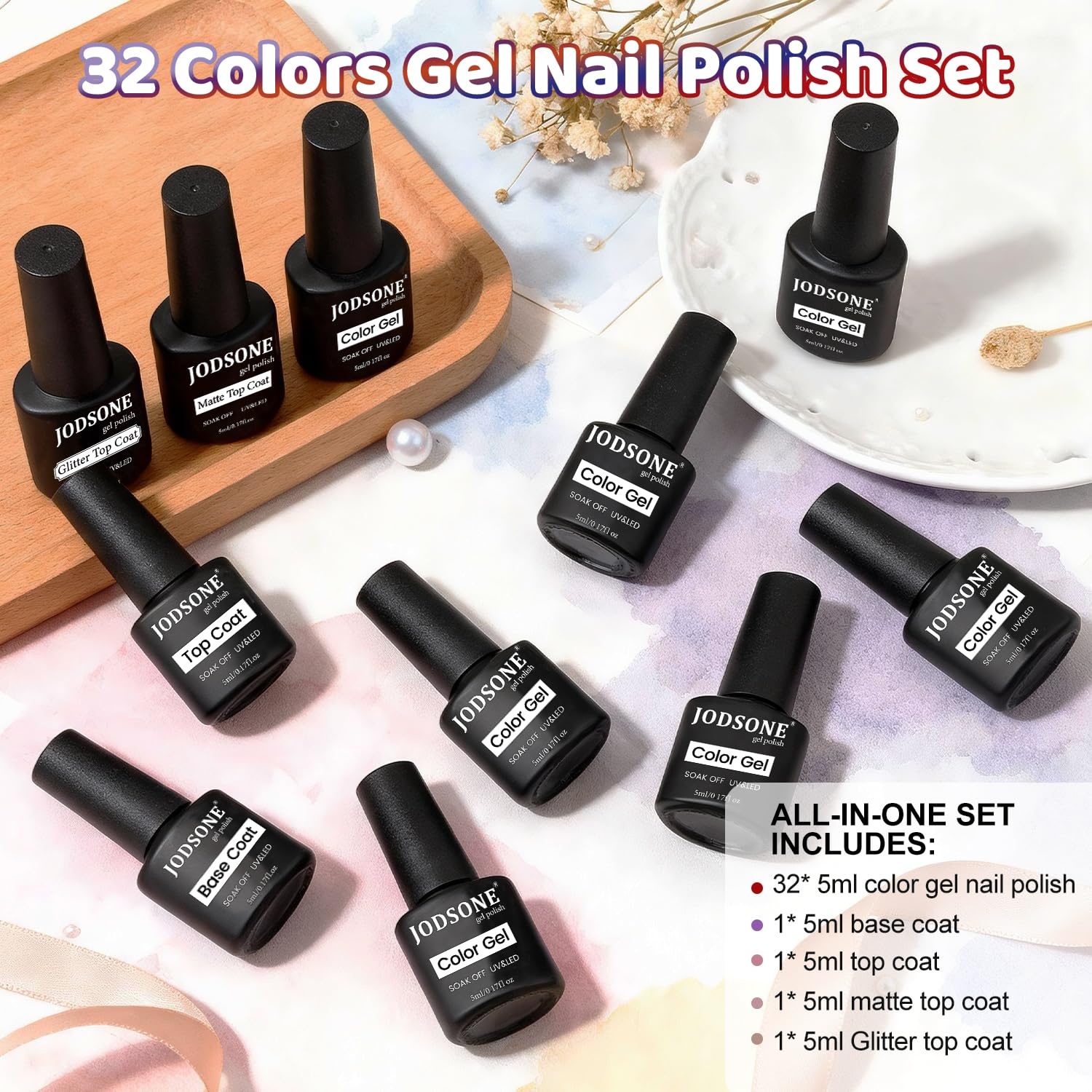JODSONE 32 Colors Gel Nail Polish Kit with Base Coat Matte Glitter Top Coat Soak Off Manicure Tools Manicure Salon DIY at Home(B29) - view 2