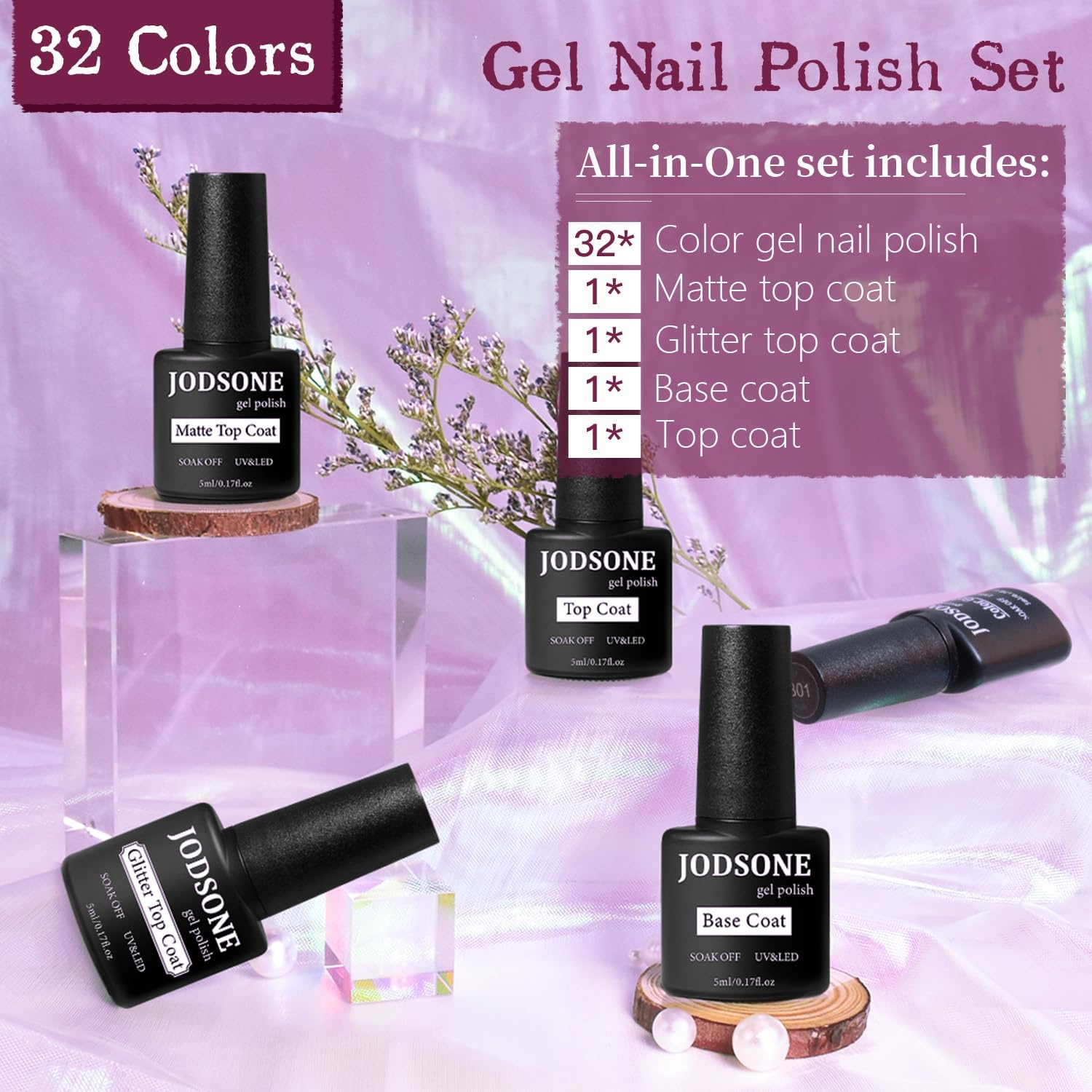 JODSONE 32 Colors Gel Nail Polish Kit with Base Coat Matte Glitter Top Coat Soak Off Manicure Tools Manicure Salon DIY at Home(B25)