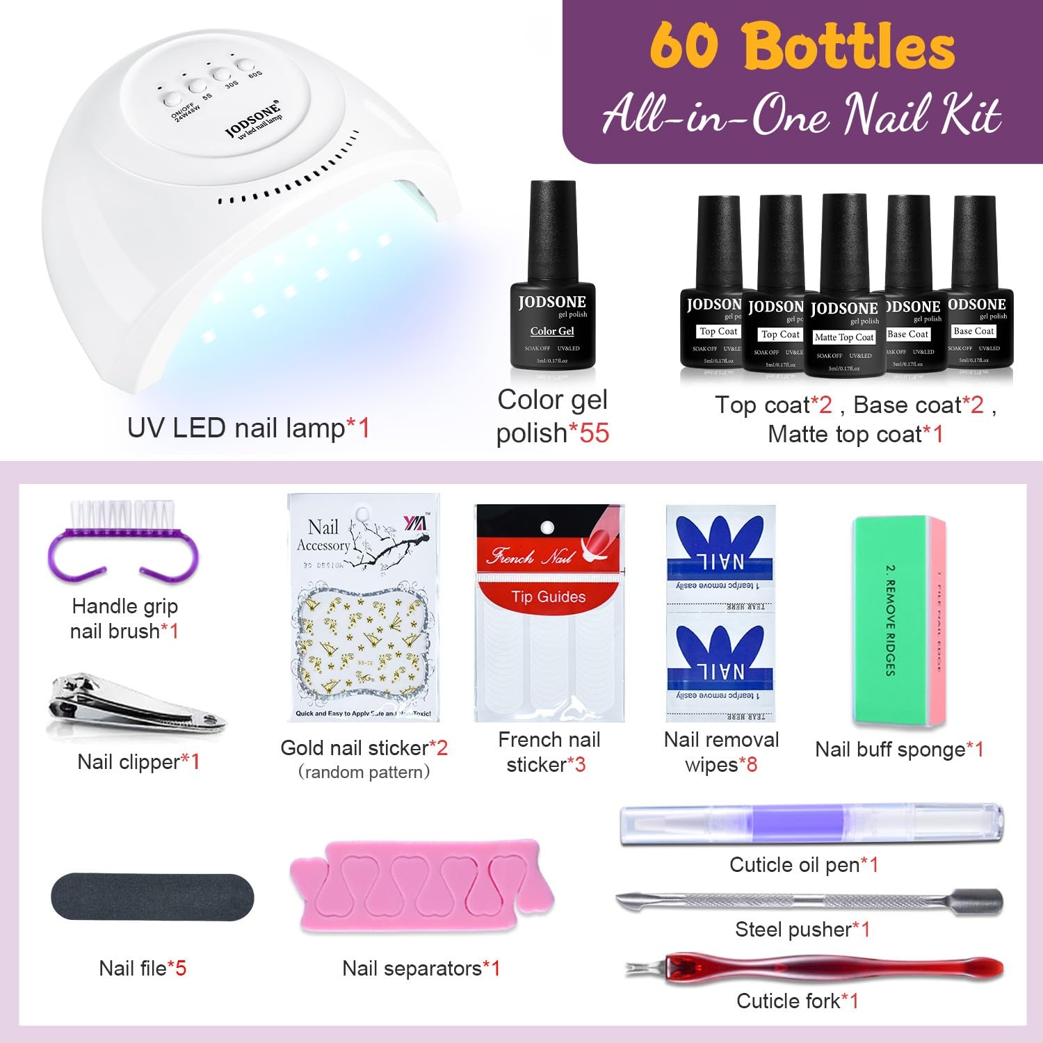 JODSONE 32 Colors Gel Nail Polish Kit with Base Coat Matte Glitter Top Coat Soak Off Manicure Tools Manicure Salon DIY at Home(B17)