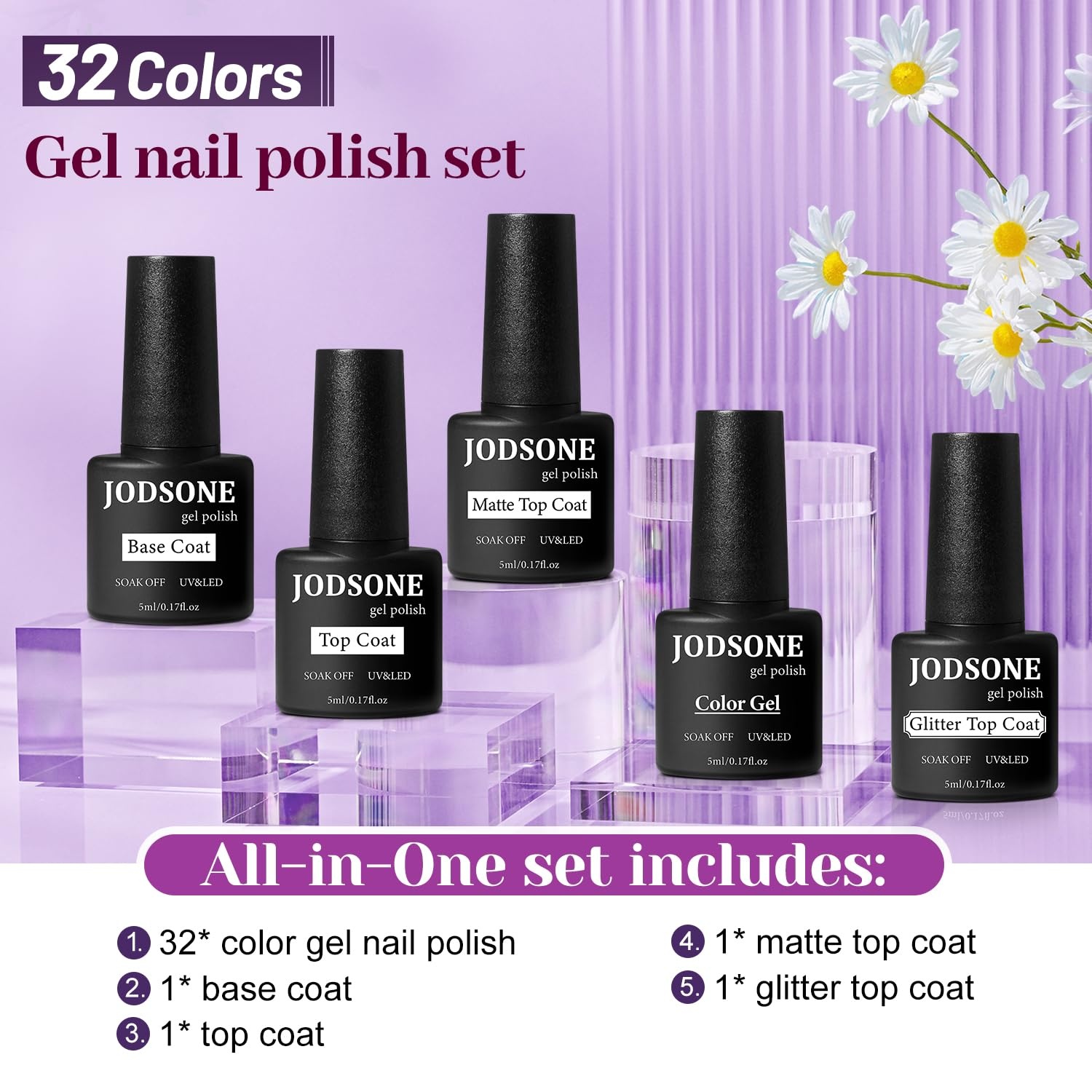 JODSONE 32 Colors Gel Nail Polish Kit with Base Coat Matte Glitter Top Coat Soak Off Manicure Tools Manicure Salon DIY at Home(B04)