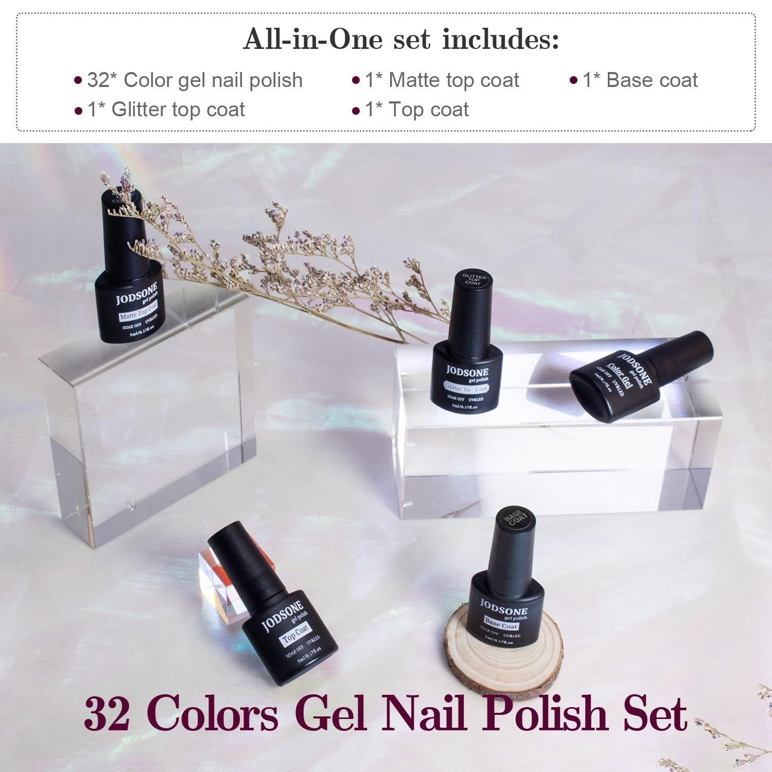 JODSONE 32 Colors Gel Nail Polish Kit with Base Coat Matte Glitter Top Coat Soak Off Manicure Tools Manicure Salon DIY at Home(B20)
