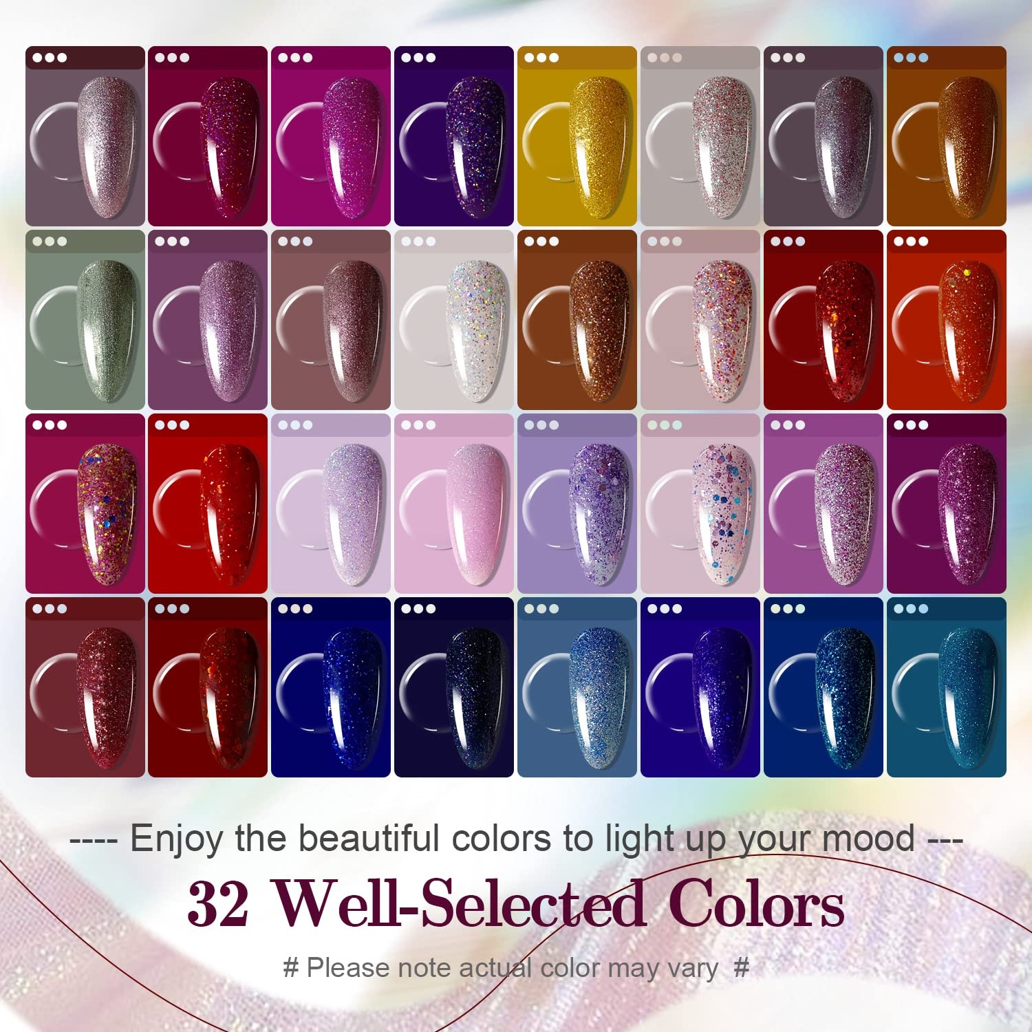 JODSONE 32 Colors Gel Nail Polish Kit with Base Coat Matte Glitter Top Coat Soak Off Manicure Tools Manicure Salon DIY at Home(B20) - view 2