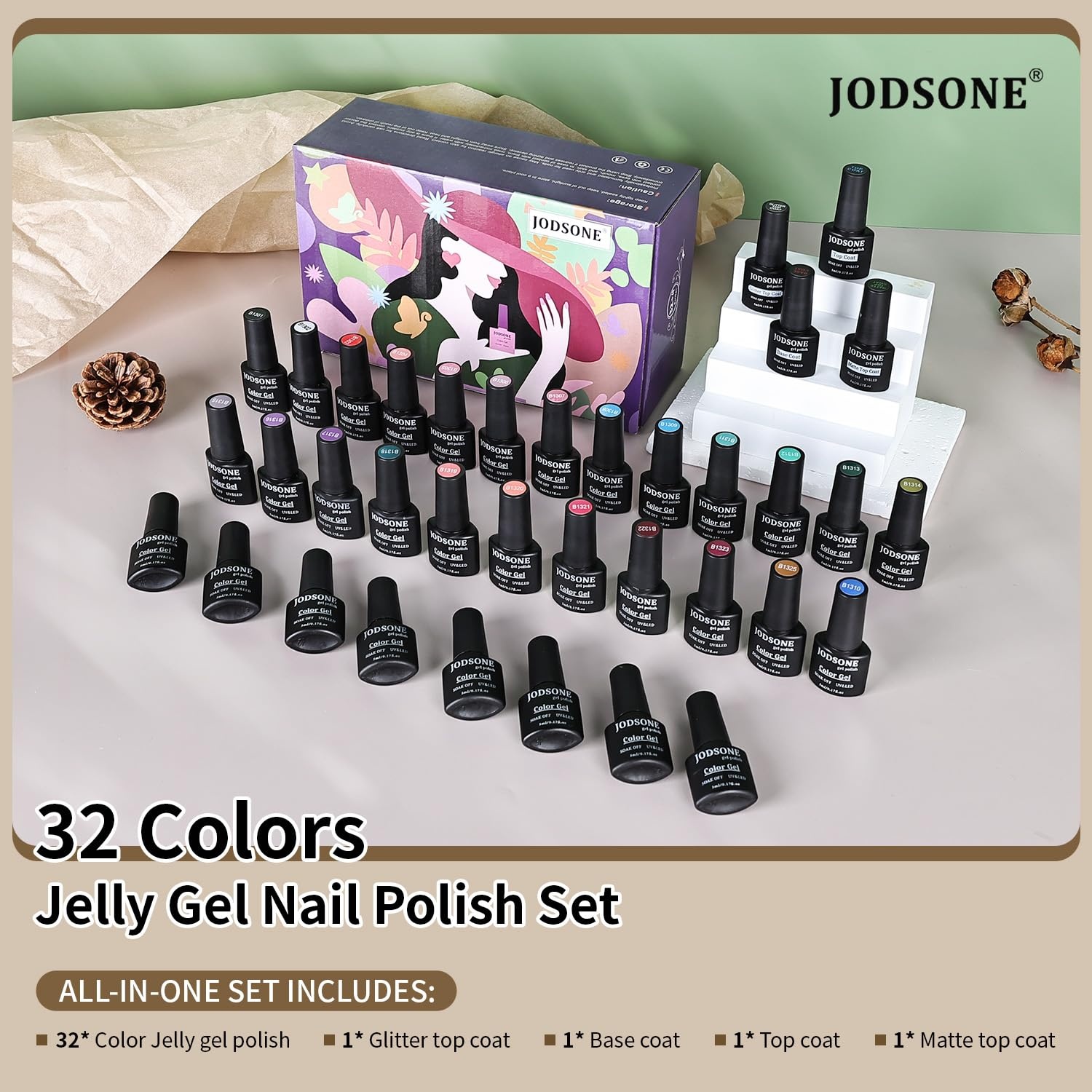 JODSONE 32 Colors Gel Nail Polish Kit with Base Coat Matte Glitter Top Coat Soak Off Manicure Tools Manicure Salon DIY at Home(B28) - view 5